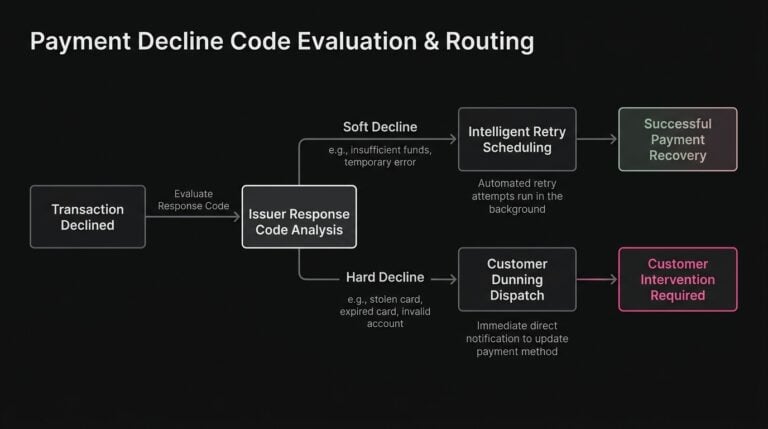 Diagram mapping decline code sorting into automated retries or dunning email sequences