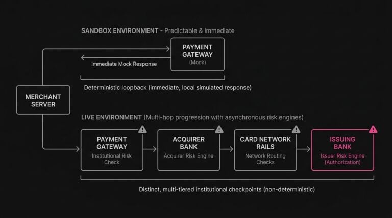 Diagram comparing deterministic sandbox responses with multi-party live payment routing across card networks and issuing banks
