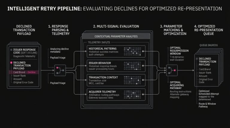 Diagram showing the decision stages of an intelligent retry engine evaluating response codes and card parameters to route a declined transaction.