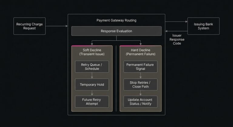Diagram illustrating issuer response routing logic separating soft declines from permanent hard declines.