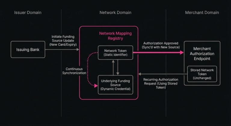 Architecture diagram illustrating continuous synchronization between an active network token and an updated underlying funding source