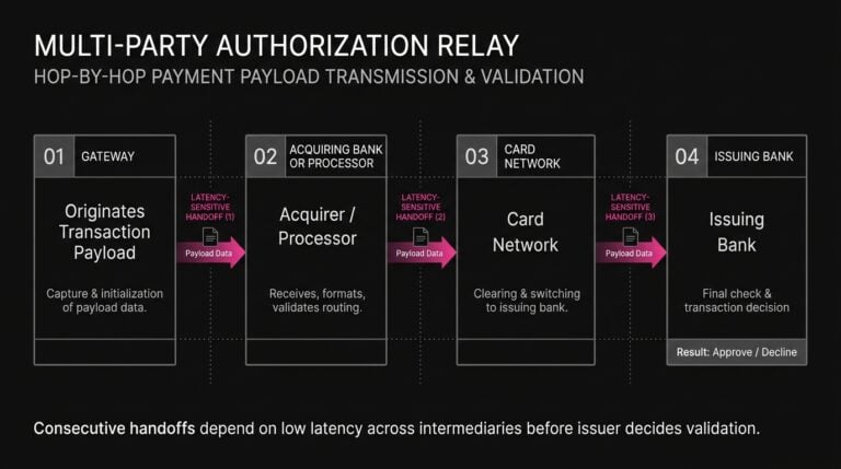 Diagram detailing the sequential authorization relay from gateway to acquiring processor, card network, and issuing bank.
