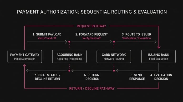 Diagram showing the sequential authorization flow through gateway, acquirer, network, and issuing bank