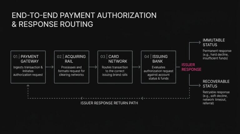 Diagram detailing authorization journey through payment gateway and card networks to issuer response categorization.