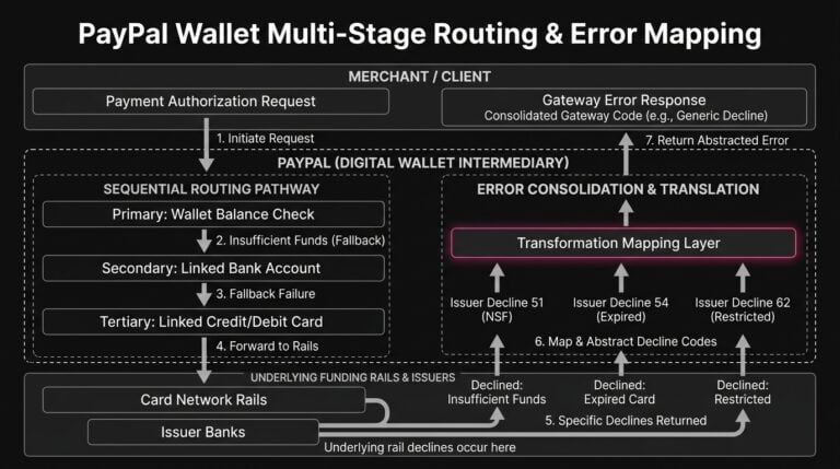 Diagram illustrating PayPal staged wallet funding sources and error code abstraction