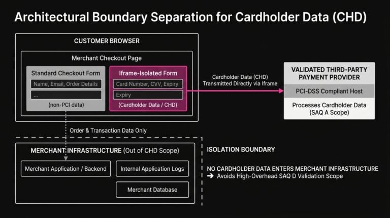 Architecture diagram illustrating data flow isolation between browser iframe fields and merchant servers under SAQ validation types.