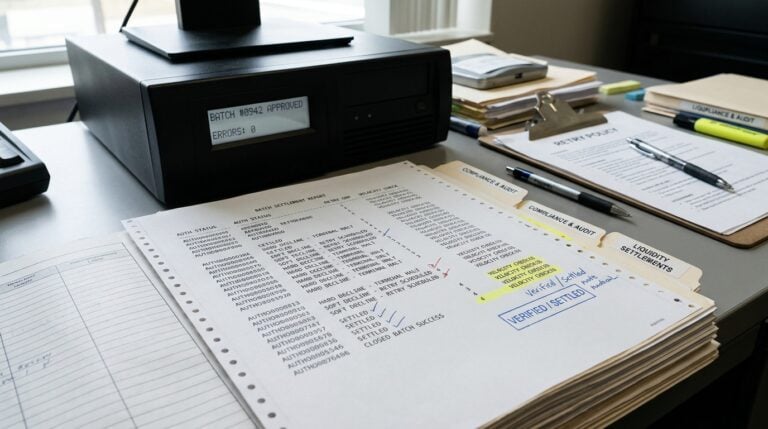 System audit printout showing confirmed payment authorizations and categorized decline handling without velocity errors.