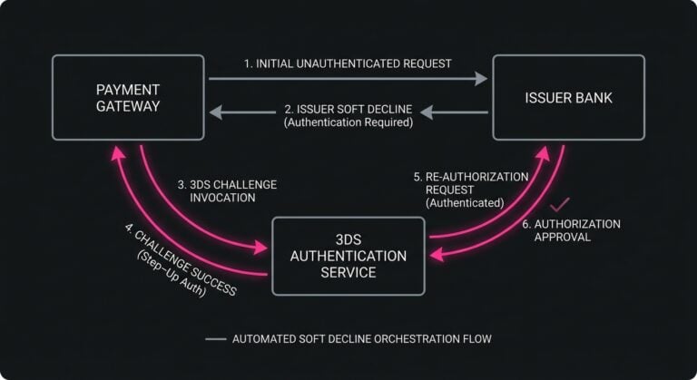 Flow diagram depicting transaction state transition from soft decline response to step-up authentication challenge and authorization resubmission.