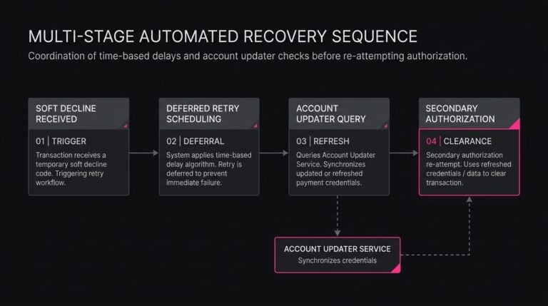 Diagram illustrating multi-step retry workflows transitioning from a soft decline code through account updater synchronization to approval